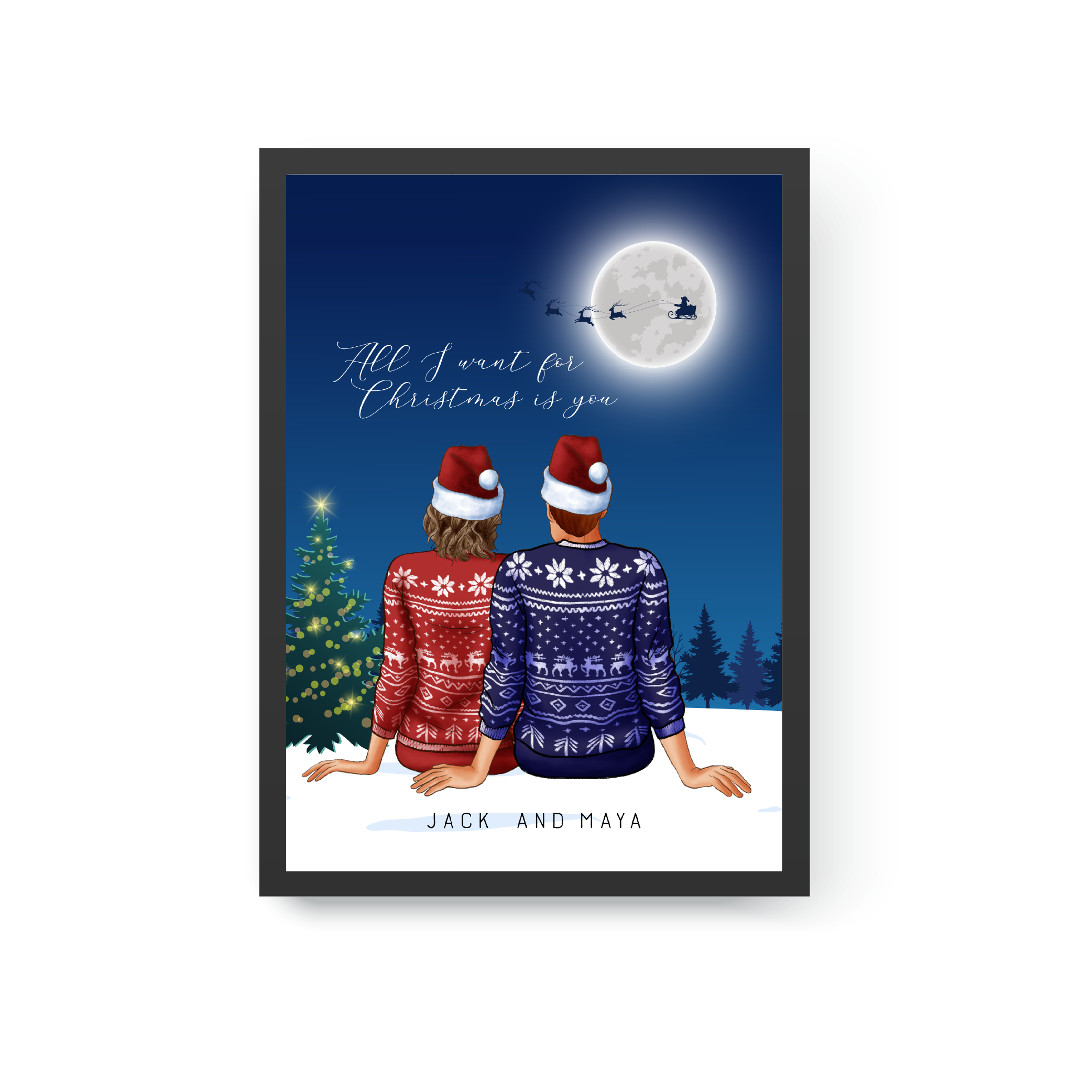 Personalized Christmas Couple Portrait, Christmas Young Couple Print