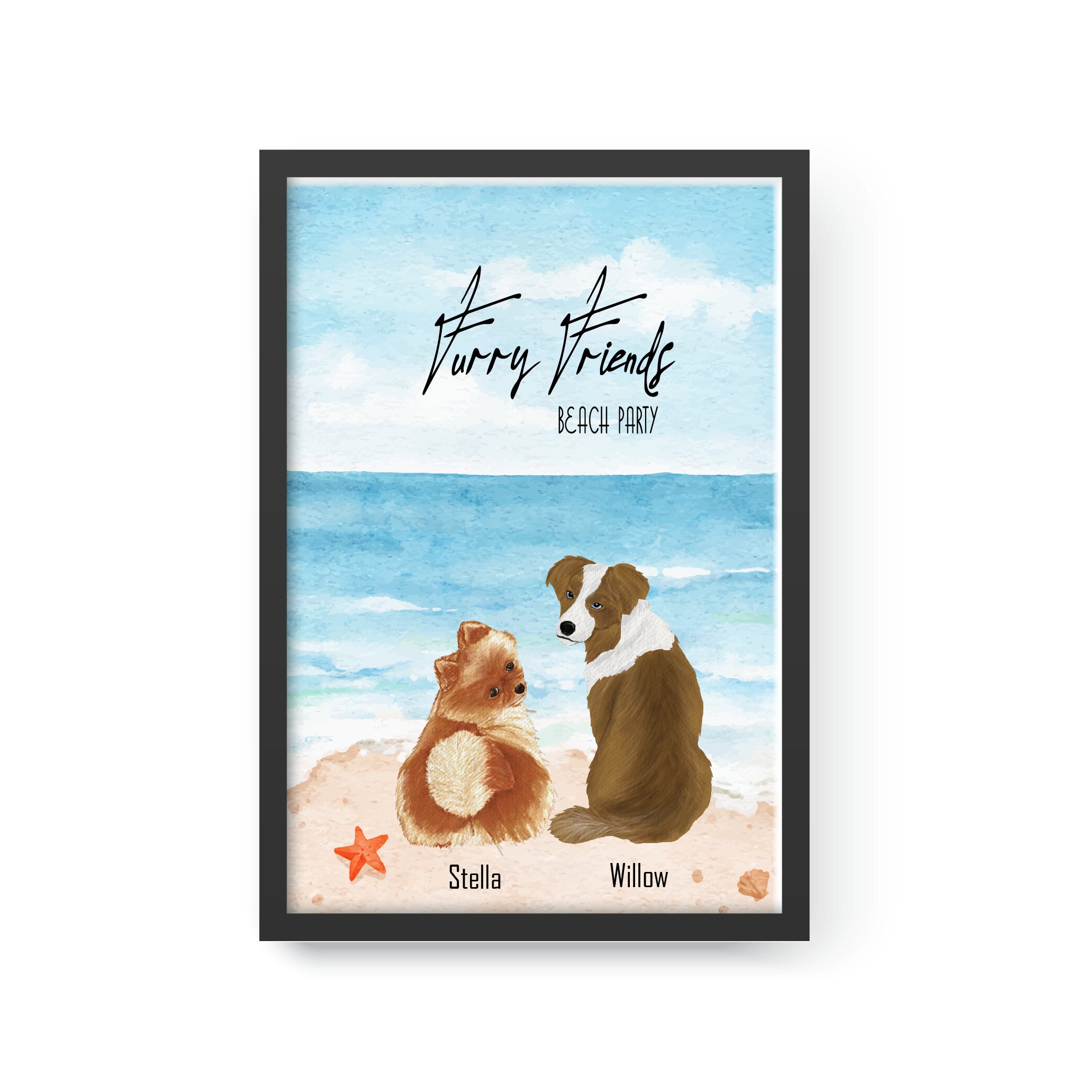 Furry Friends on Beach, Custom Pet Portrait, Dog Portrait